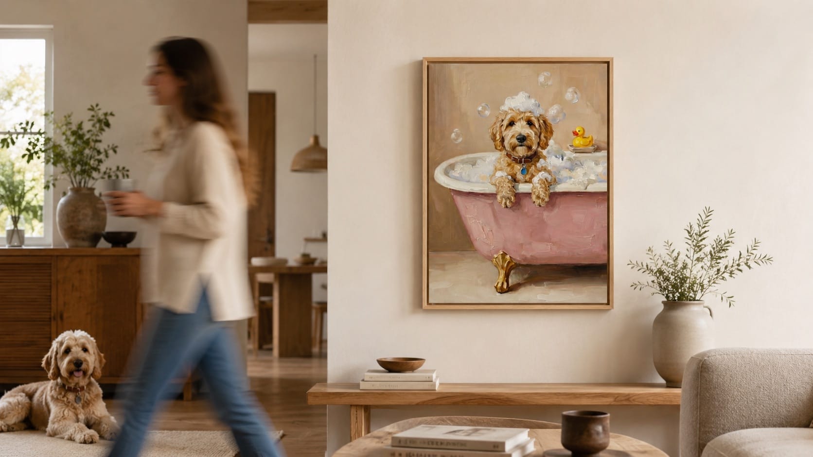 A pet portrait on a living room wall