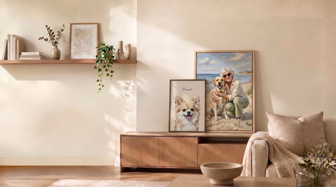 A pet portrait hanging on a living room wall