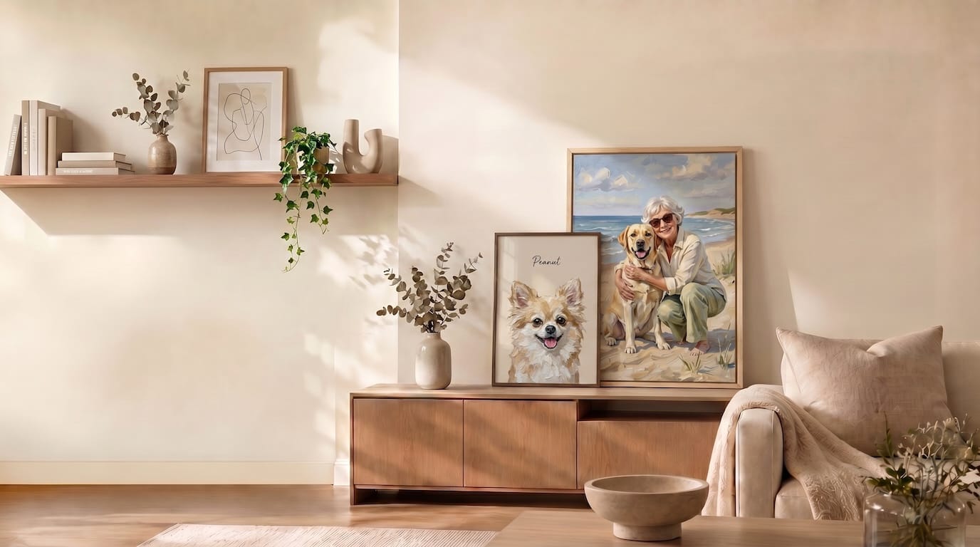 A pet portrait hanging on a living room wall
