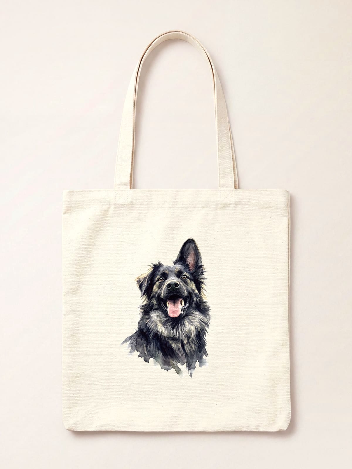 A watercolour pet portrait printed on a natural cotton tote bag