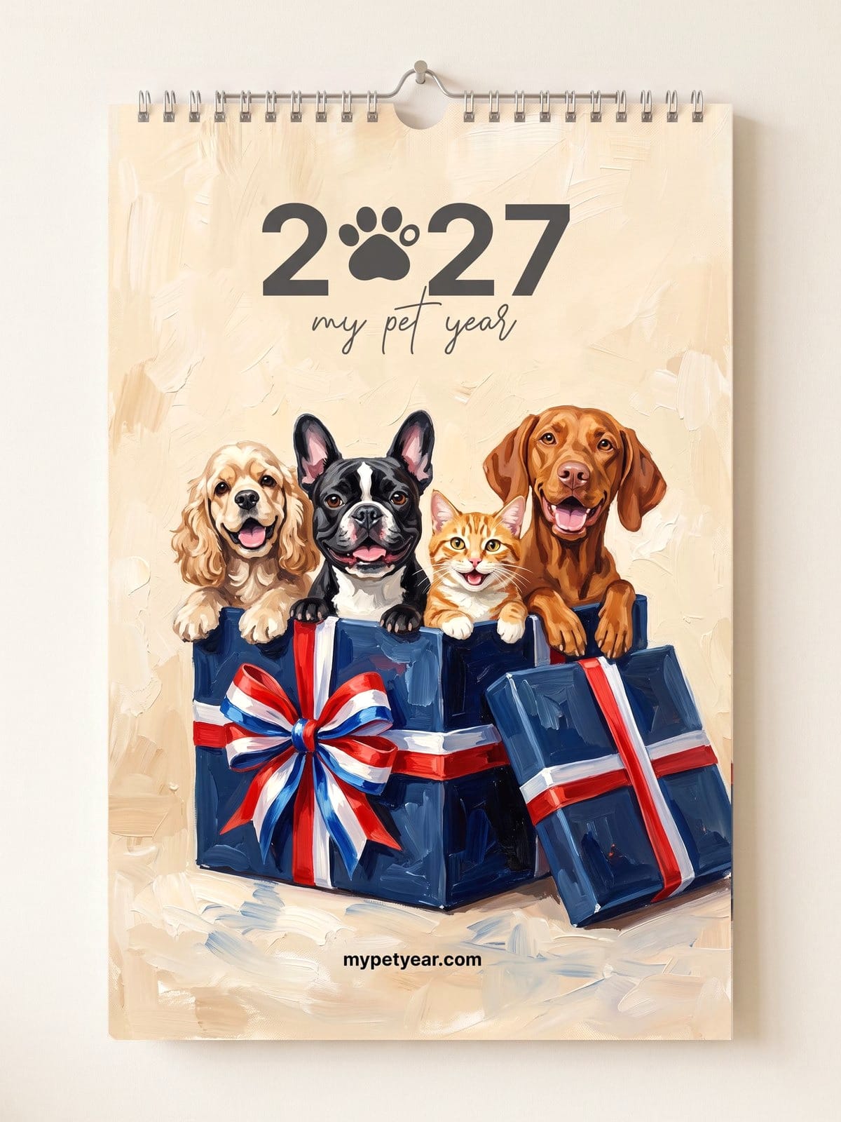 A painted pet calendar hanging on a wall, four pets on the cover