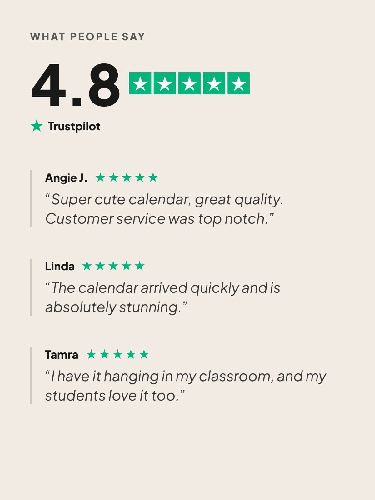 Rated 4.8 on Trustpilot, with three five-star calendar reviews