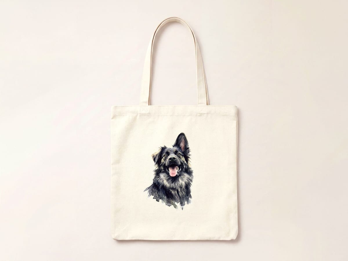 A watercolour pet portrait printed on a natural cotton tote bag