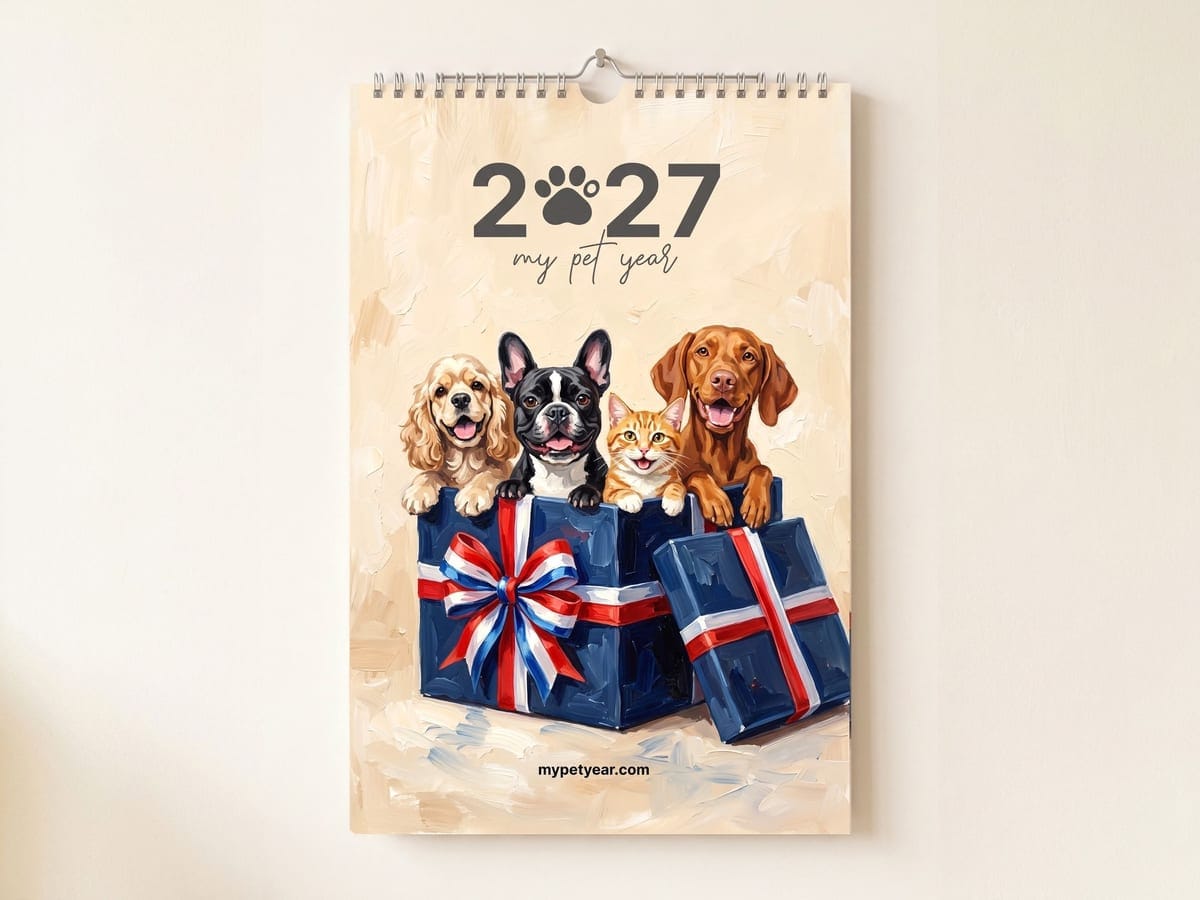 A painted pet calendar hanging on a wall, four pets on the cover