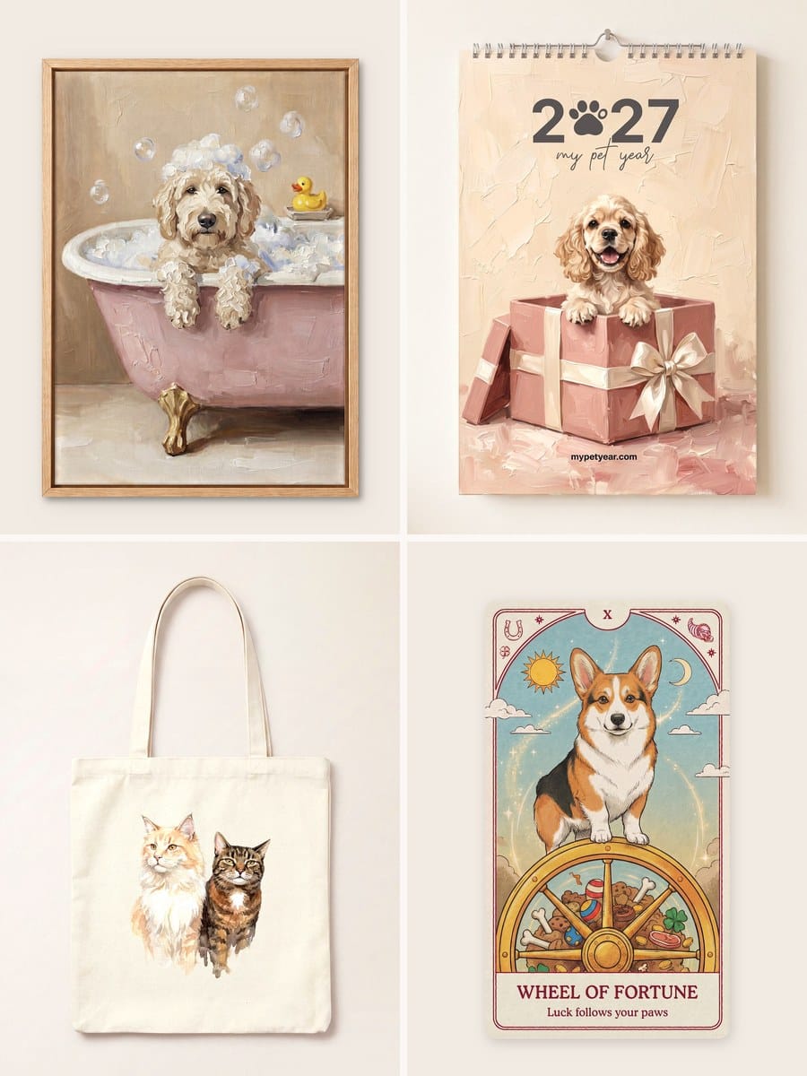A framed portrait, a painted calendar, a tote bag and a pet tarot card