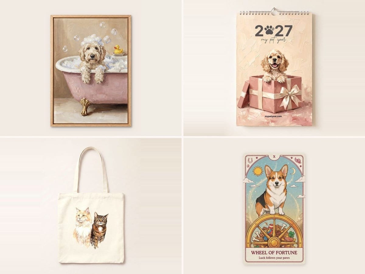 A framed portrait, a painted calendar, a tote bag and a pet tarot card