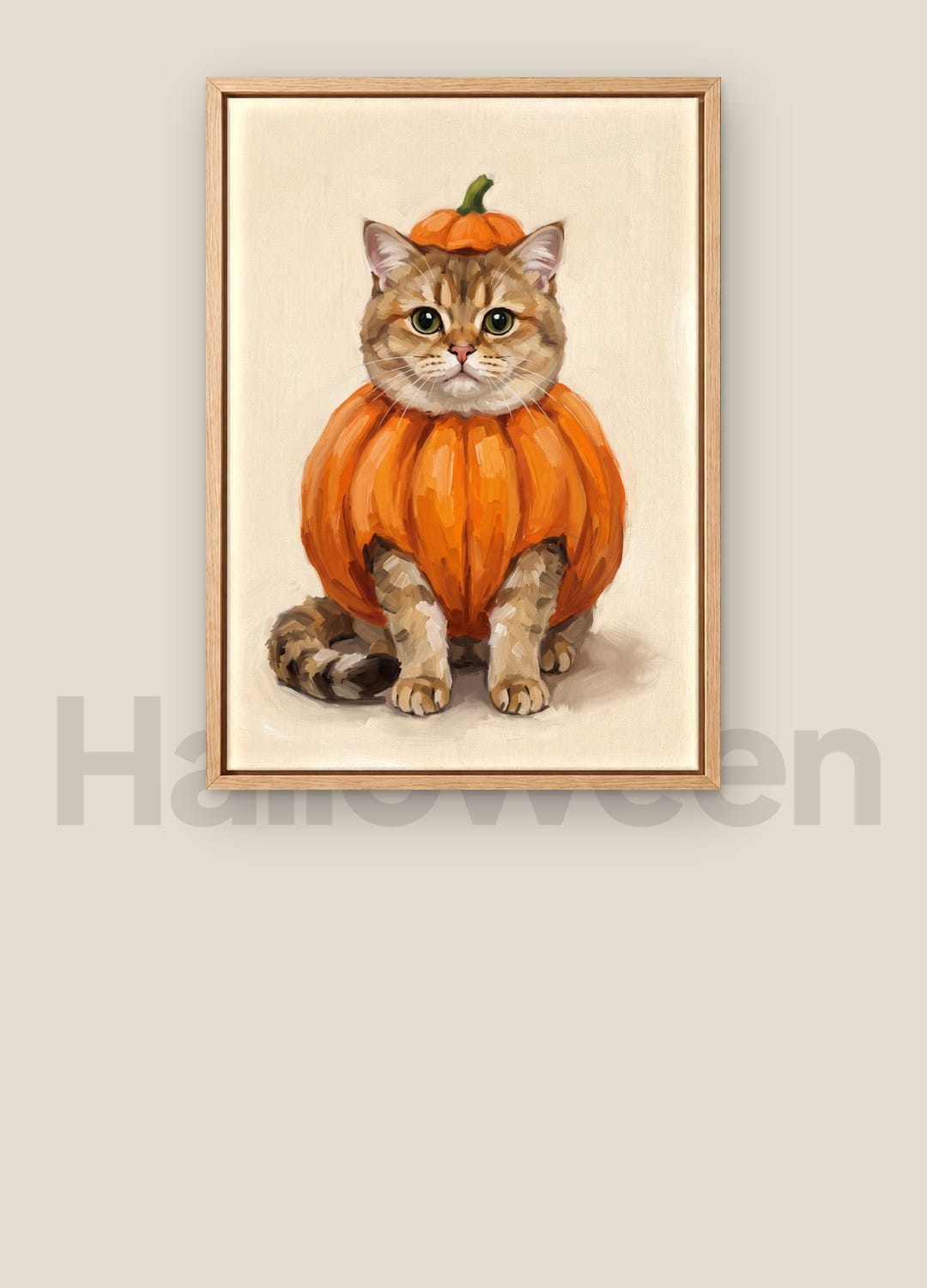 A custom pet portrait in a light oak frame hanging on a wall, turning through the styles